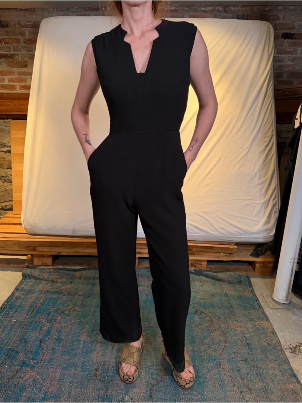Tahari Black Sleeveless Notch-Neck Jumpsuit